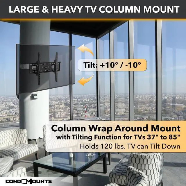 Alt view image 2 of 4 - 37"85" TVs | Indoor Tilt TV Mount Fits Large Pillars & Poles 8" & Up, Heavy Duty No Drill Gazebo & Pergola TV Mount, VESA 600x400, Holds 120 lbs