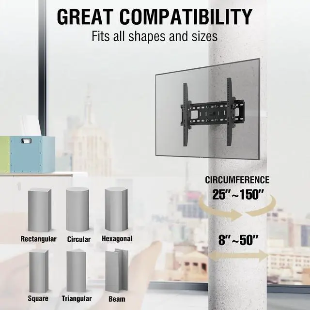 Alt view image 3 of 4 - 37"85" TVs | Indoor Tilt TV Mount Fits Large Pillars & Poles 8" & Up, Heavy Duty No Drill Gazebo & Pergola TV Mount, VESA 600x400, Holds 120 lbs