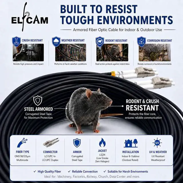 Alt view image 4 of 4 - ® - 300m/984ft Outdoor and Indoor Shielded Armored Fiber Optic Cable LC/UPC to LC/UPC OM3 Mutimode Duplex 50/125m LSZH, Black (300M)