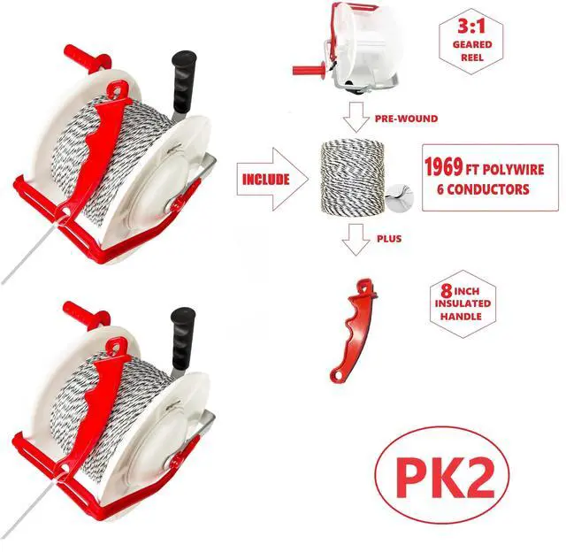 Alt view image 2 of 4 - 2 Pack 3:1 Geared Electric Fencing Standard Reel with 1969ft Premium Polywire 6 Conductors Plus 2 Free 8 inch Insulgrip