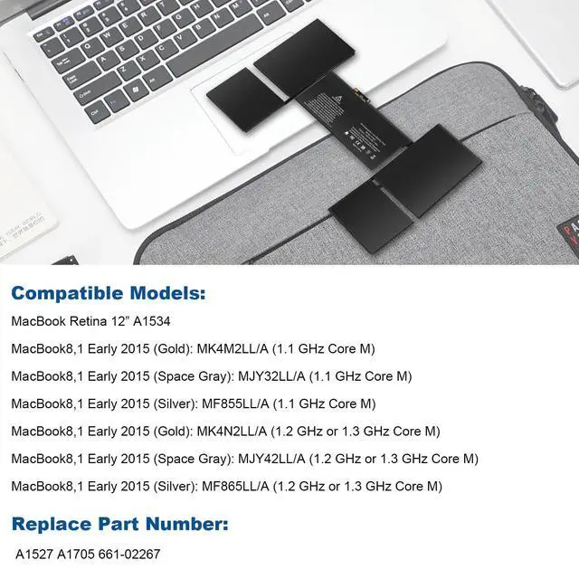 Alt view image 3 of 4 - A1527 Battery Replacement for A1534 Battery (Early 2015 2016 Mid 2017) Fit for MacBook8,1 9,1 10,1 A1534 12-inch A1527 661-02267 MF855LL/A MK4M2CH/A MNYG2LL/A