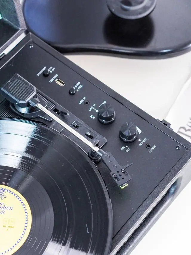 Alt view image 4 of 4 - Coryphaeus Vinyl Record Player 3-Speed Bluetooth Input and Output Built-in Speakers with Magnetic Cartridge Auto Off (Black Green)