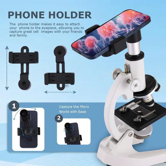 Alt view image 4 of 4 - Microscope for Adults & Kids, 40X-2500X High-Power Compound Microscope for Students, School Lab & Home Schooling,Equiped with Slides Set & Phone Holder (Light White)