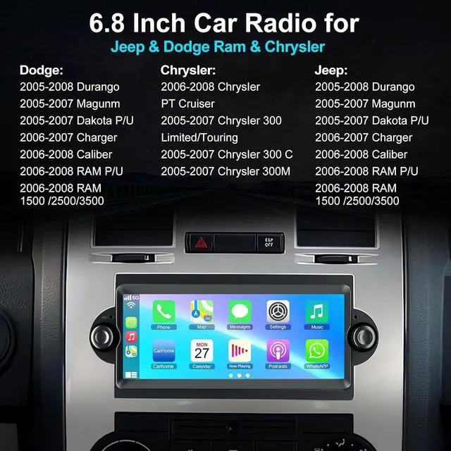 Alt view image 2 of 4 - Android 13 Car Radio Stereo for Dodge Ram 2006 2007 2008, for Durango 2005 2006 2007 2008, 4GB RAM+64GB ROM Head Unit for Dodge, 6.8" CarPlay Touchscreen with Bluetooth and GPS Navigation