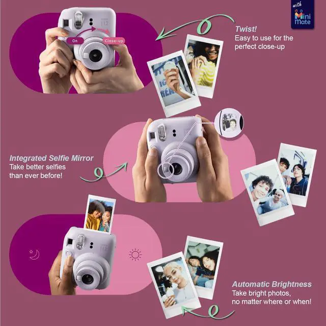 Alt view image 3 of 4 - Instax Mini 12 Instant Camera Mint Green + Carrying Case + Fuji Instax Film Value Pack (40 Sheets) Accessories Bundle, Color Filters, Photo Album, Assorted Frames