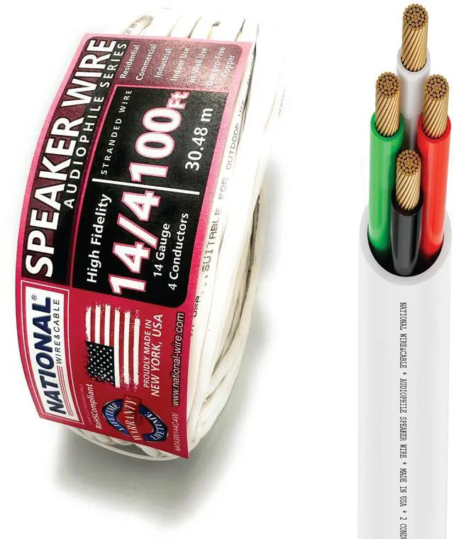 Main image of 14/4 Audiophile Speaker Wire (100 Feet) 14AWG Gauge - Made in USA - in Wall Audio Speaker Wire Cable/CL Rated/ETL Listed / 2 Conductors - OFC Oxygen-Free Copper, White 100ft