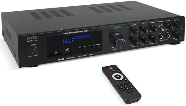 Main image of Bluetooth 5.1 Channel Home Entertainment Amplifier - Subwoofer Out - Easy Karaoke with Dual Mic Inputs w/ Echo, USB-A / SD Reader with MP3 Player, RCA In and Line out - PDA8BU