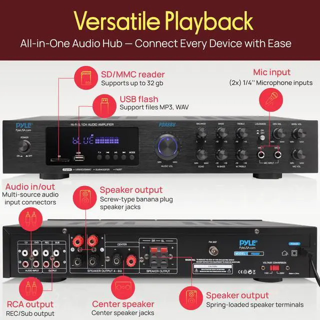 Alt view image 3 of 4 - Bluetooth 5.1 Channel Home Entertainment Amplifier - Subwoofer Out - Easy Karaoke with Dual Mic Inputs w/ Echo, USB-A / SD Reader with MP3 Player, RCA In and Line out - PDA8BU