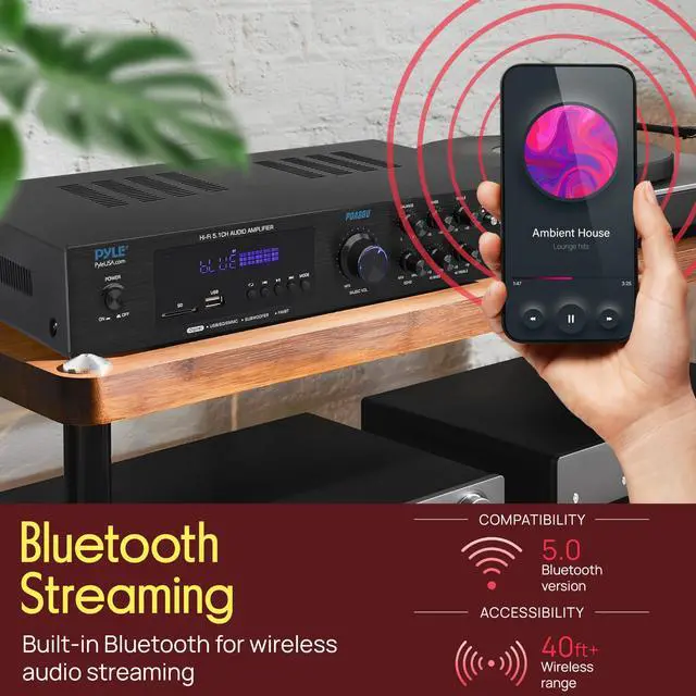 Alt view image 4 of 4 - Bluetooth 5.1 Channel Home Entertainment Amplifier - Subwoofer Out - Easy Karaoke with Dual Mic Inputs w/ Echo, USB-A / SD Reader with MP3 Player, RCA In and Line out - PDA8BU