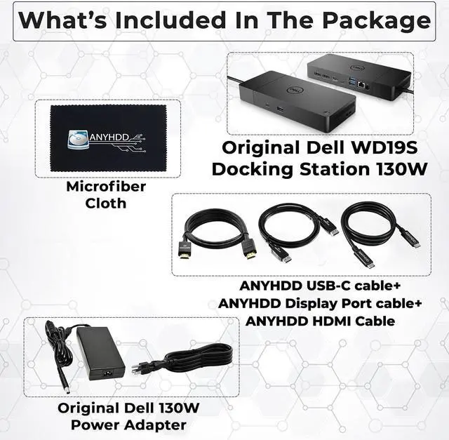 Alt view image 2 of 4 - Dell WD19S Docking Station 130W (90W Power Delivery) - Dell Docking Station Dual Monitor for Laptop with 130W Power Adapter + HDMI Cable + DisplayPort Cable + USB-C Cable + Microfiber Cloth