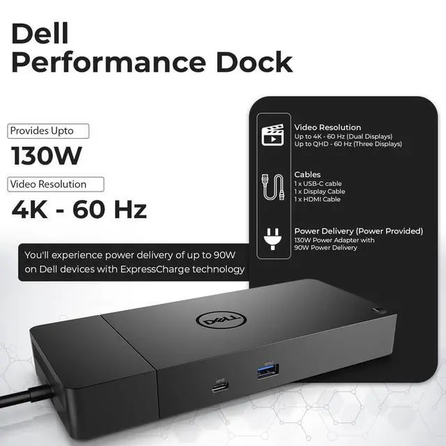Alt view image 3 of 4 - Dell WD19S Docking Station 130W (90W Power Delivery) - Dell Docking Station Dual Monitor for Laptop with 130W Power Adapter + HDMI Cable + DisplayPort Cable + USB-C Cable + Microfiber Cloth