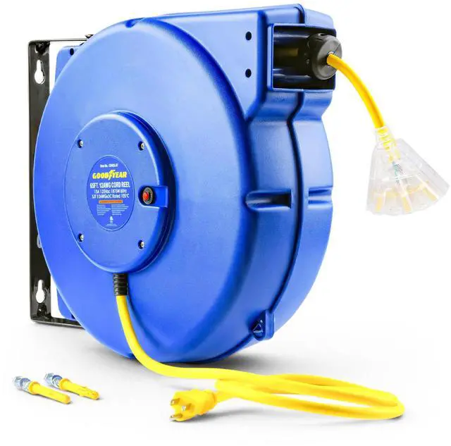 Main image of Retractable Extension Cord Reel Heavy-Duty Commercial Cable with Triple Tap Connector, Auto-Rewind & Wall/Ceiling Mountable (Enclosed, 12AWG x 65 ft)