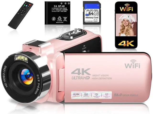 Main image of 4K Video Camera Camcorder,UHD 56MP Camera Recorder,WiFi Vlogging Cameras for YouTube with IR Night Vision,18X Digital Zoom 3.0''Touch Screen Cam Corder with 64GB Card,Remote Control,Webcam,Pink