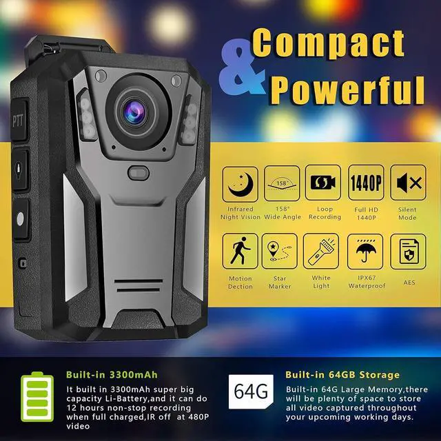 Alt view image 3 of 4 - P100 2K Police Body Camera 128GB Body Cam 12 Hours Continuous Recording USB-C Infrared Night Vision Waterproof Shockproof Lightweight Data-encrypt for Law Enforcement Record