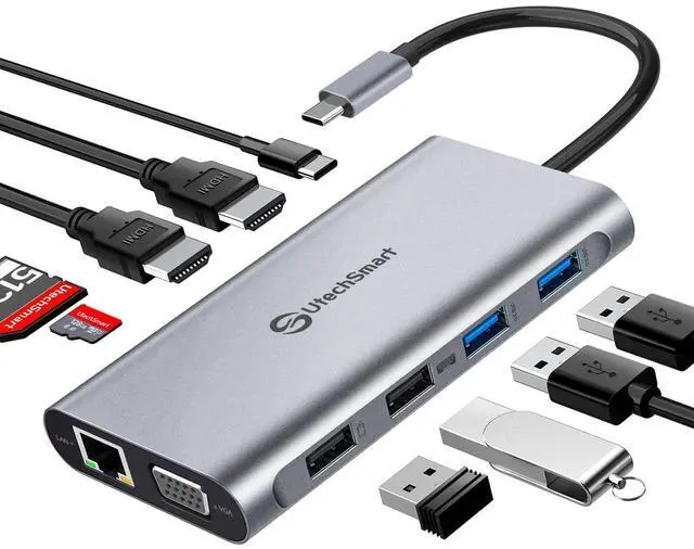 Main image of USB C Docking Station Dual Monitor, 11 in 1 USB C Hub Triple Display, Laptop Dock with 2 HDMI, Ethernet, VGA, 100W PD, SD/TF Card Slot, 4USB for MacBook Dell HP Surface Lenovo ASUS