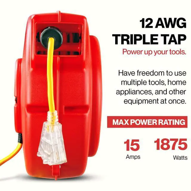 Alt view image 2 of 4 - Extension Cord Reel Retractable Longest Industrial 12awg x 80' Foot Commercial Premium Grade Ultra Flexible 3C/SJTOW Glow Strip Cable and Led Light Up Triple Tap Connector Use Indoor/Outdoor