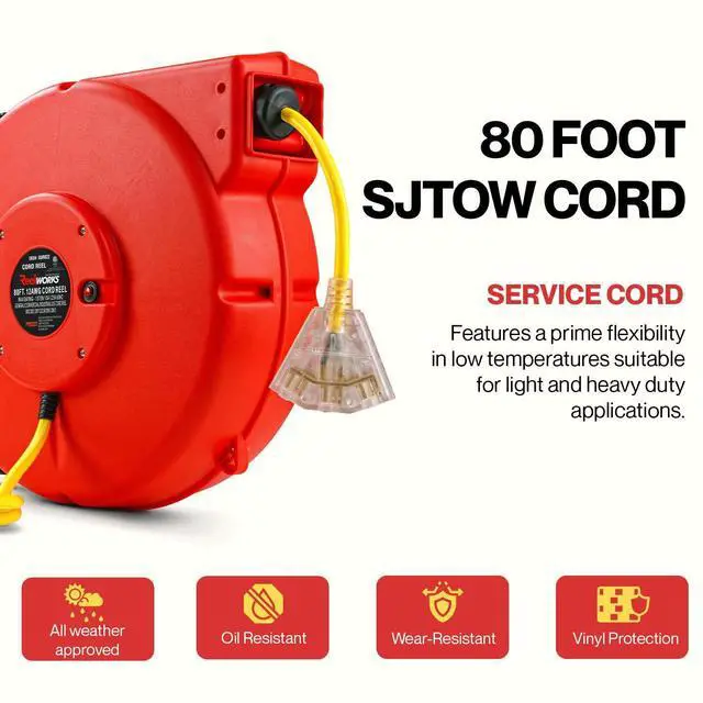 Alt view image 3 of 4 - Extension Cord Reel Retractable Longest Industrial 12awg x 80' Foot Commercial Premium Grade Ultra Flexible 3C/SJTOW Glow Strip Cable and Led Light Up Triple Tap Connector Use Indoor/Outdoor