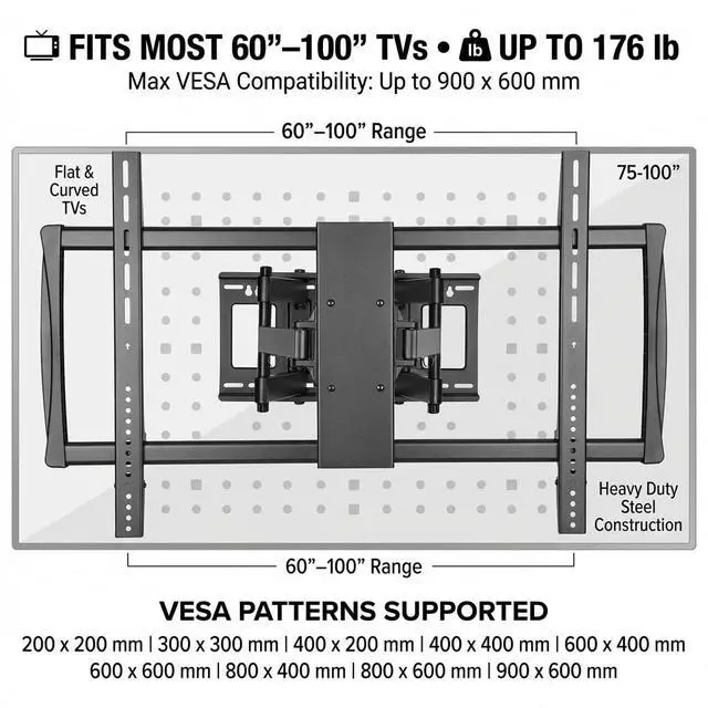 Alt view image 2 of 4 - Heavy Duty Full Motion TV Wall Mount for 60-100" TVs, 176lb Capacity, 15° Tilt, 45° Swivel, 24" Extension, Max VESA 900x600mm, Flat or Curved, for Wood or Concrete, Hardware Included