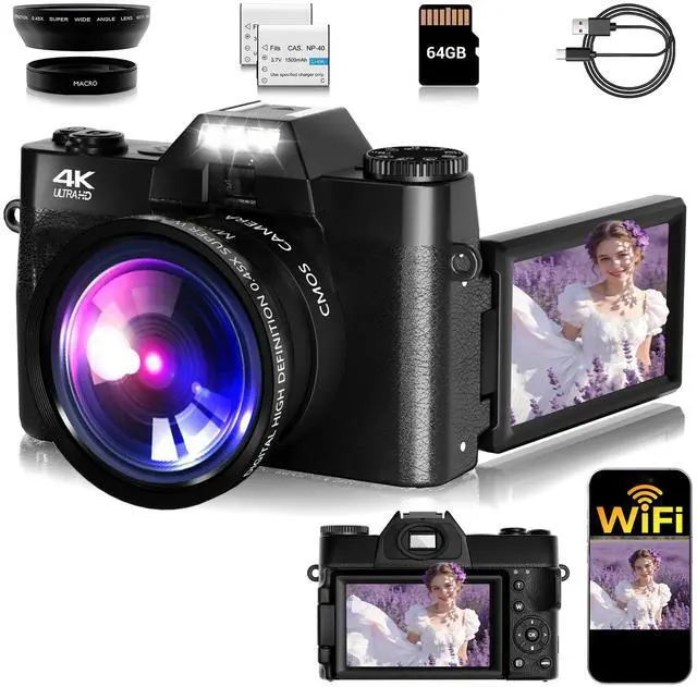 Main image of Camera Digital, 75MP WiFi 4K Vlogging Video Camera for YouTube with 3'' 180°Flip Screen, 64GB SD Card, Anti-Shake, 2 Batteries, Digital Camera for Vlogging & Photography for Beginner, Black