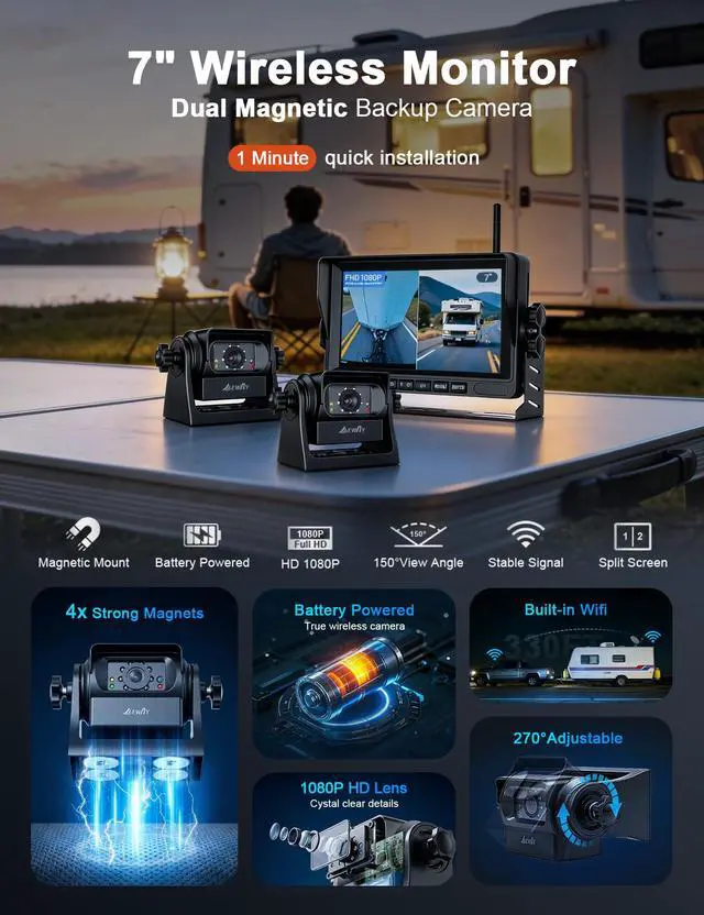 Alt view image 2 of 4 - 2X Magnetic Wireless WiFi Backup Camera 7" IPS Monitor HD 1080P Rechargeable Battery No Wiring, Rear Reverse Monitoring Hitch Camera for Car Truck Pickup RV Camper 5th Wheel Horse Boat Trailer