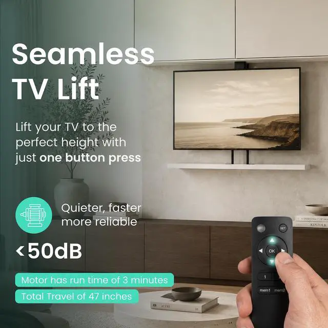 Alt view image 2 of 4 - Motorized TV Lift & Ceiling Drop Down Mount for 43-88 Inch TVs - 47in Travel Distance - RF Remote & WiFi Voice Control - Floor/Ceiling Installation - Max VESA 600x400, 132 lb Limit