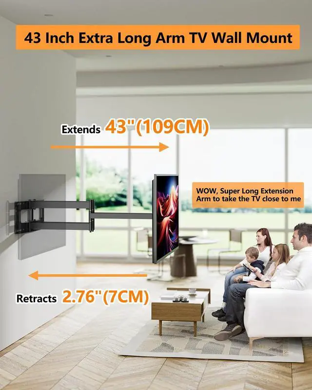 Alt view image 3 of 4 - Heavy Duty Long Arm TV Wall Mount with 43" Dual Articulating Arms for Most 50-90 inch Screen, Full Motion TV Mount Swivel Tilt Bracket Holds 198lbs, Fit 16,18,24 Studs VESA 600x400MM