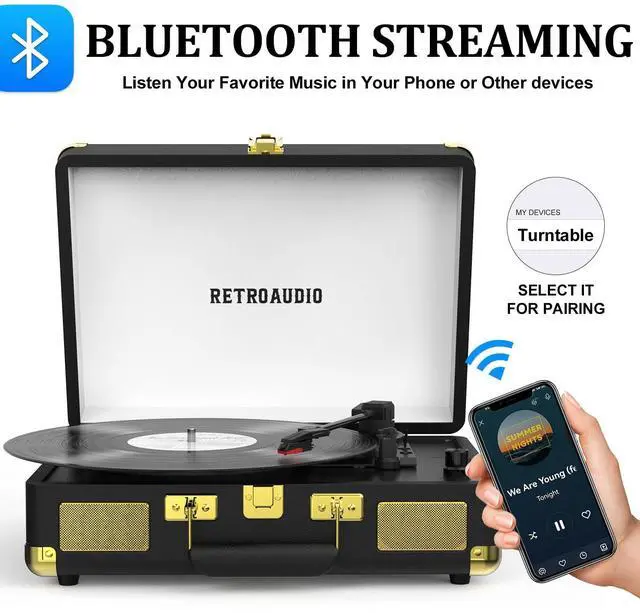 Alt view image 2 of 4 - Vinyl Record Player 3-Speed Bluetooth Portable Suitcase Belt-Driven Record Player with 2 Built-in Stereo Speakers Vinyl Vintage Turntable Phonograph Records Player with RCA Line Out, AUX Out