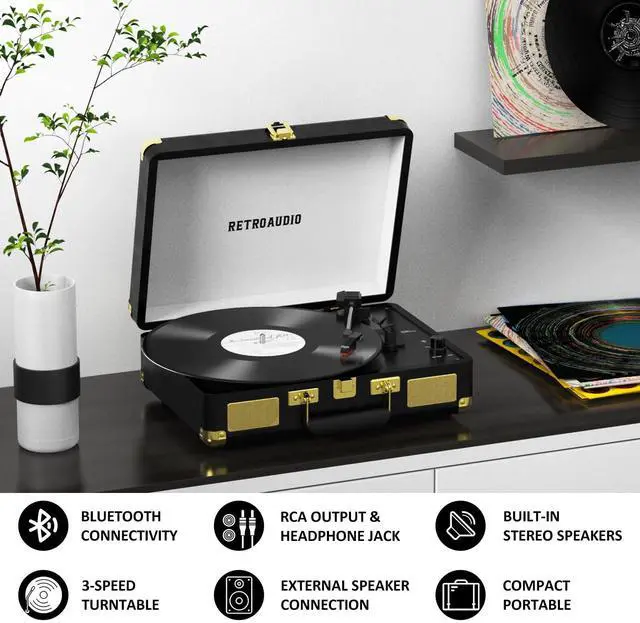 Alt view image 3 of 4 - Vinyl Record Player 3-Speed Bluetooth Portable Suitcase Belt-Driven Record Player with 2 Built-in Stereo Speakers Vinyl Vintage Turntable Phonograph Records Player with RCA Line Out, AUX Out