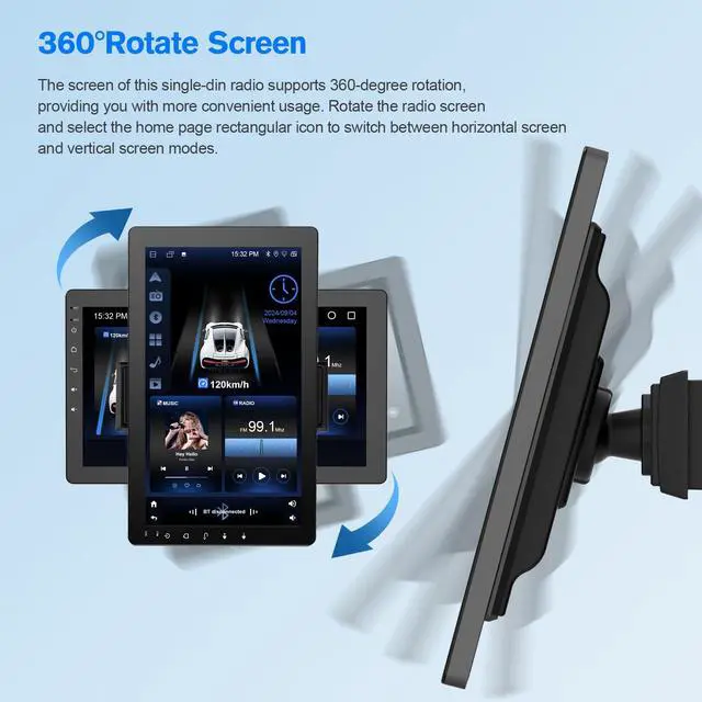 Alt view image 3 of 4 - 10.1" Rotatable Touch Screen Car Stereo Single Din - Android 13, Wireless CarPlay/Android Auto, 4-Core CPU, 2GB+32GB, GPS Navigation, Hi-Fi Sound, Bluetooth 4.2, AHD Backup Camera (Vertical Fit)