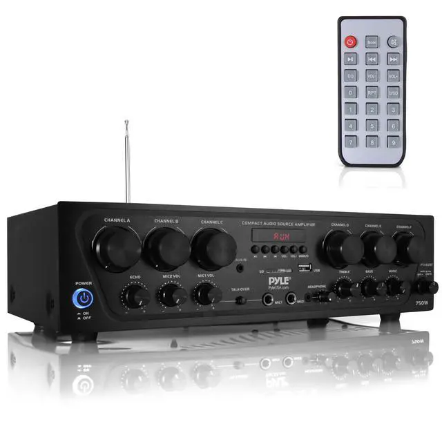 Main image of Wireless Bluetooth Karaoke Amplifier - 6 Channel 750W Power, Stereo Receiver Home Audio Amplifier w/USB,AUX, Subwoofer Out, Headphone, 2 Mic Input w/Echo, Talk-Over For PA
