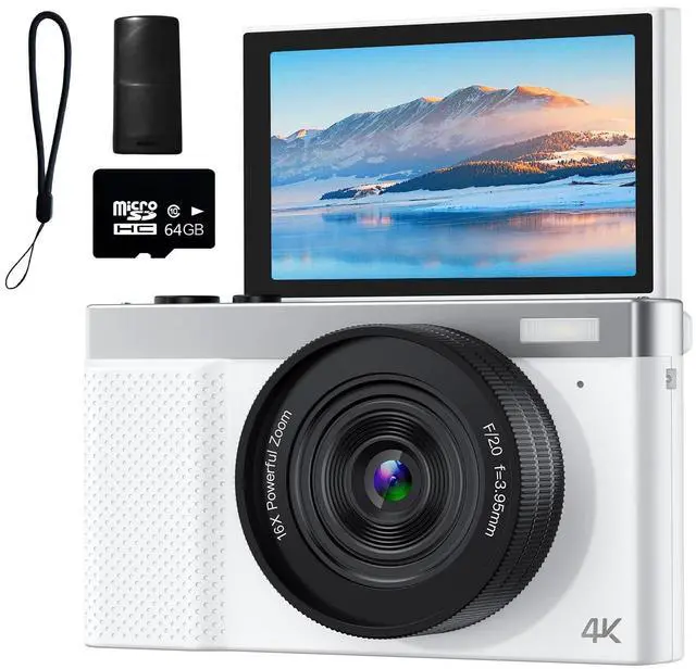 Main image of 4K Digital Camera, 64MP Vlogging Camera for Photography with 3" 180° Flip Screen, 16X Compact Digital Camera with 64GB Micro SD Card for Beginner (White)