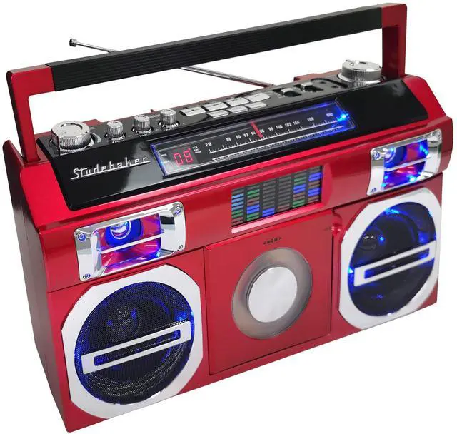 Alt view image 3 of 4 - SB2145R 80's Retro Street Bluetooth Boombox with FM Radio, CD Player, LED EQ, 10 Watts RMS Power and AC/DC in Red