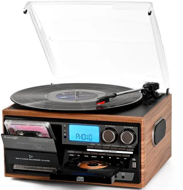 Main image of Record Player Built-in Speakers 10 in 1 Vintage Turntable with CD Cassette Tape Player AM FM Radio Function 3 Speed BT Input Output LP Player Support USB SD AUX RCA Playback Auto Stop Retro Wood Brown