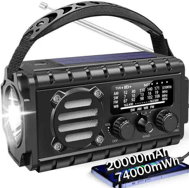 Main image of 20000mah Emergency Radio, SW/NOAA/AM/FM Weather Radio, Solar Powered Hand Crank Chager with Bige Batery Powered,Portable,Cellphone Charge,SOS,Flashlight for Emergency/Home (Black)
