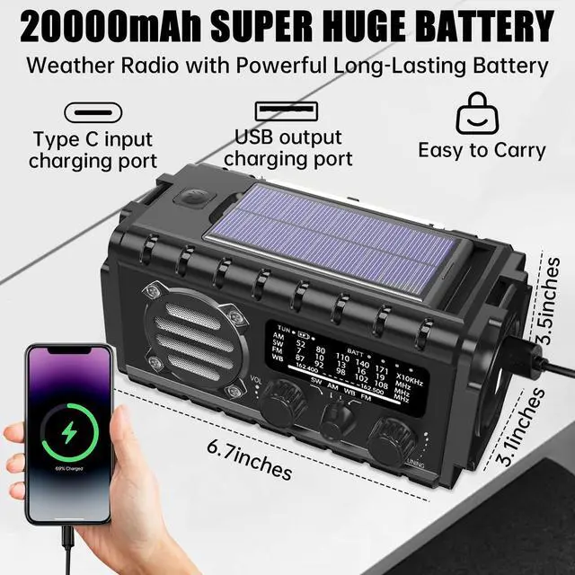 Alt view image 3 of 4 - 20000mah Emergency Radio, SW/NOAA/AM/FM Weather Radio, Solar Powered Hand Crank Chager with Bige Batery Powered,Portable,Cellphone Charge,SOS,Flashlight for Emergency/Home (Black)