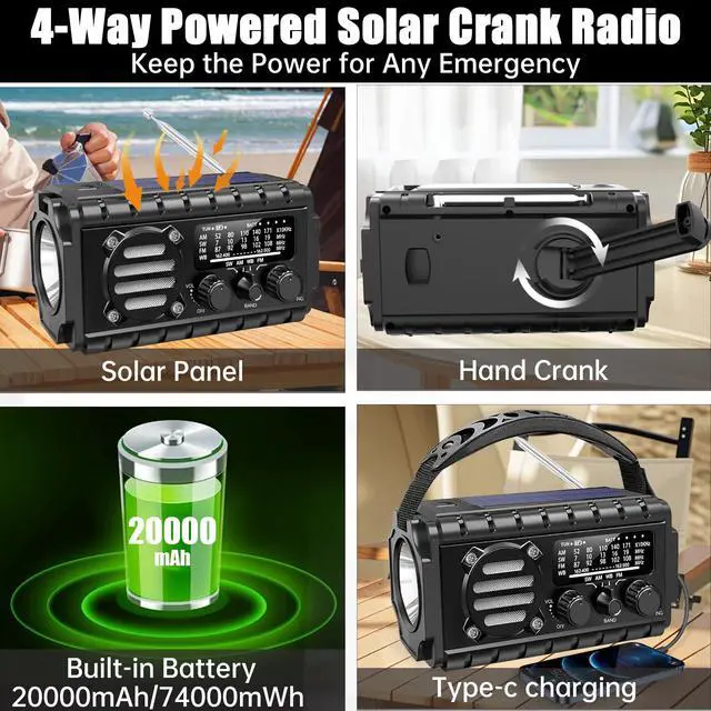 Alt view image 4 of 4 - 20000mah Emergency Radio, SW/NOAA/AM/FM Weather Radio, Solar Powered Hand Crank Chager with Bige Batery Powered,Portable,Cellphone Charge,SOS,Flashlight for Emergency/Home (Black)