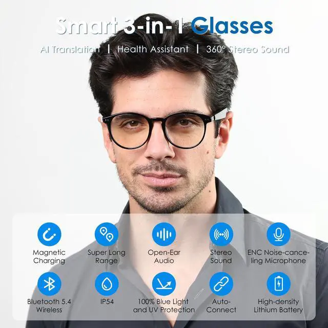 Alt view image 2 of 4 - AI Glasses for Men & Women, Smart Glasses Powered by ChatGPT, AI Real-time Translation with 145 Languages, 11H Music Play, Bluetooth Glasses with Anti-Blue Light Lens for Daily Use, Travel