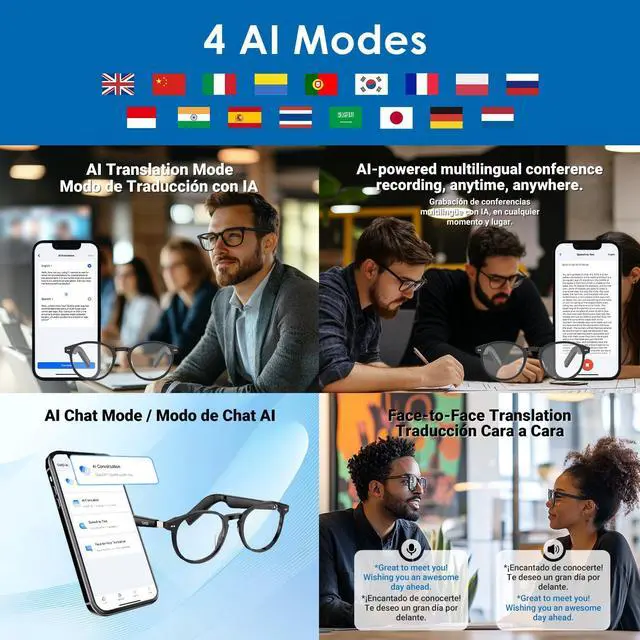 Alt view image 4 of 4 - AI Glasses for Men & Women, Smart Glasses Powered by ChatGPT, AI Real-time Translation with 145 Languages, 11H Music Play, Bluetooth Glasses with Anti-Blue Light Lens for Daily Use, Travel