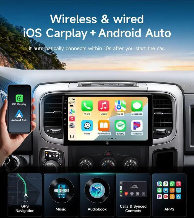 Alt view image 3 of 4 - 10.2inch Car Radio Stereo for Dodge Ram Pickup 1500 2500 3500 2013 2014 2015 2016 2017 2018 Wireless CarPlay & Android Auto, HD Touchscreen, Android 13, GPS Navigation, HD Backup Camera