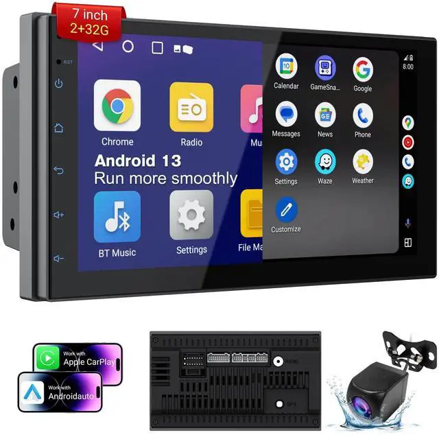 Main image of 7 Inch Double Din Car Stereo with Wireless Apple CarPlay & Android Auto, 2+32G Android 13 Car Radio, Bluetooth, GPS Navigation, FM AM RDS, IPS Touchscreen, Backup Camera Ready