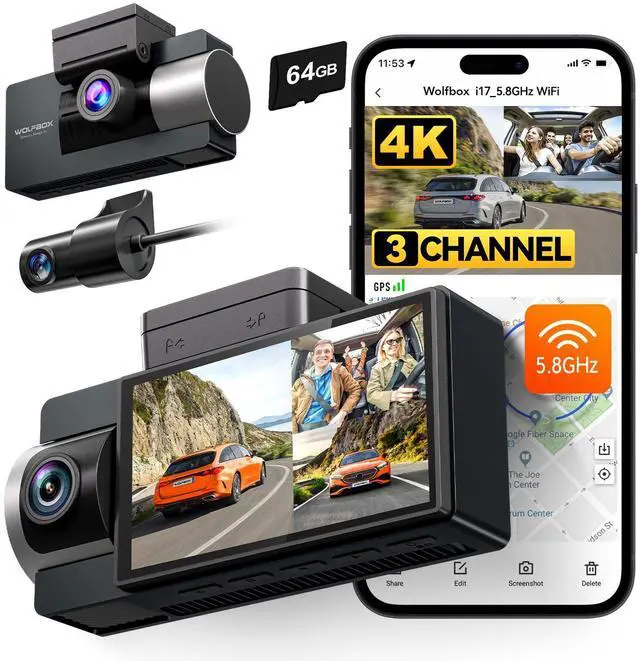 Main image of i17 4K 3 Channel Dash Cam Built-in 5.8GHz WiFi with 64GB Card, 4K+1080P+1080P Dash Cam Front and Rear Inside, Triple Car Camera with 3 Inch Screen, IR Night Vision, WDR, 24H Parking Mode, GPS