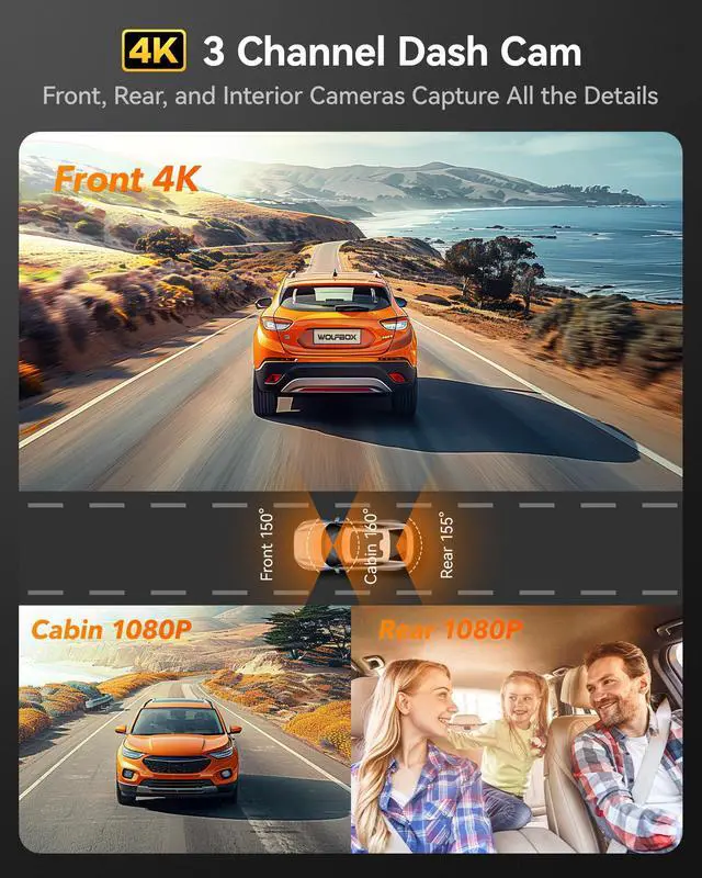Alt view image 2 of 4 - i17 4K 3 Channel Dash Cam Built-in 5.8GHz WiFi with 64GB Card, 4K+1080P+1080P Dash Cam Front and Rear Inside, Triple Car Camera with 3 Inch Screen, IR Night Vision, WDR, 24H Parking Mode, GPS