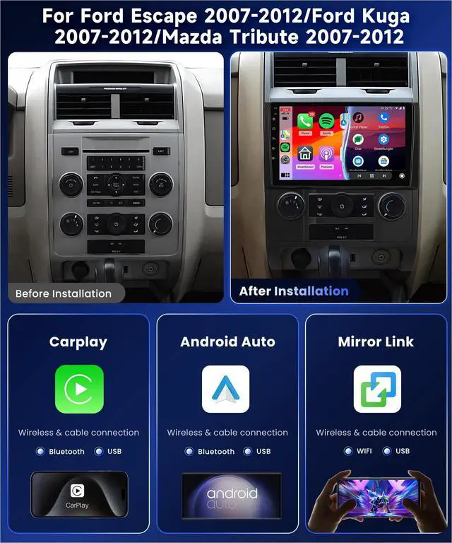 Alt view image 2 of 4 - 4G 64G Car Stereo for Ford Escape/Ford Kuga/Mazda Tribute 2007-2012 Radio, 9" IPS Touch Screen 36EQ DSP Wireless Carplay Android Auto Bluetooth 5.0 Android 15 GPS FM/RDS WiFi AHD Backup Camera