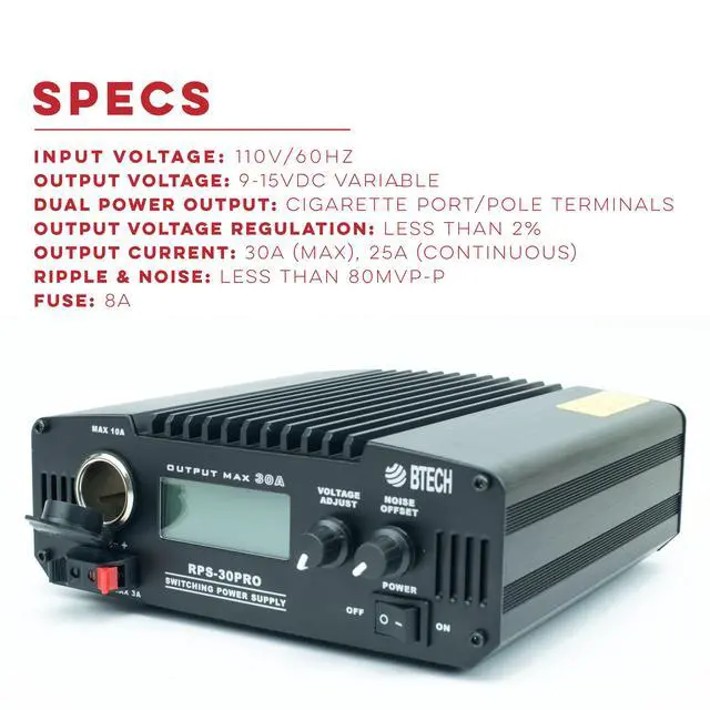 Alt view image 2 of 4 - RPS-30PRO 30 Amp Regulated Universal Compact Bench Power Supply, AC-to-DC Power Convertor, 13.8V (9~15VDC Adjustable) with Noise Offset Adjustment, Includes Multiple Power Connections