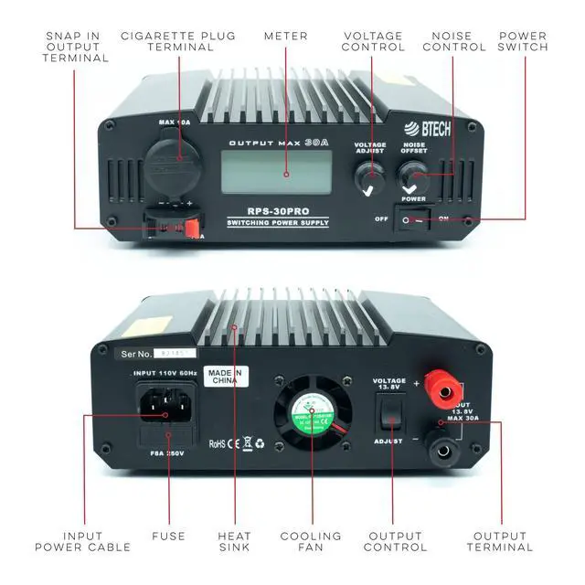 Alt view image 3 of 4 - RPS-30PRO 30 Amp Regulated Universal Compact Bench Power Supply, AC-to-DC Power Convertor, 13.8V (9~15VDC Adjustable) with Noise Offset Adjustment, Includes Multiple Power Connections