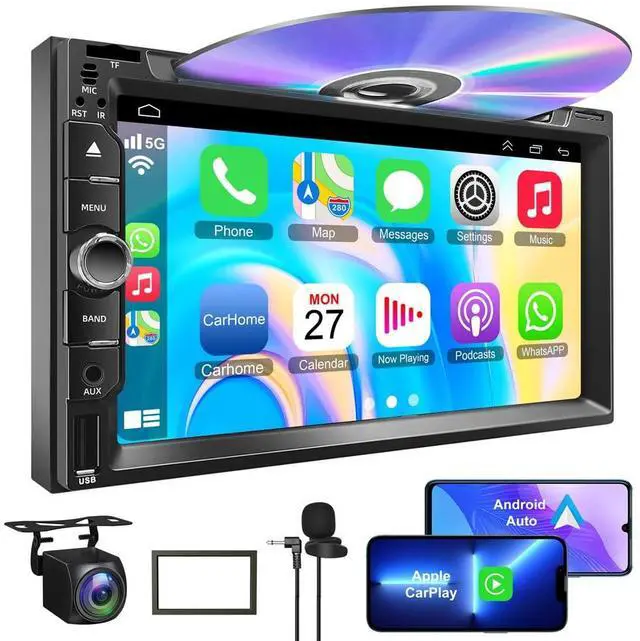 Main image of Double Din car Stereo with CD/DVD Player- CarPlay & Android Auto, Car Audio with Bluetooth, 7 Inch HD Touchscreen, Rear Camera, USB/TF/AUX, Subwoofer, AM/FM Radio Receiver