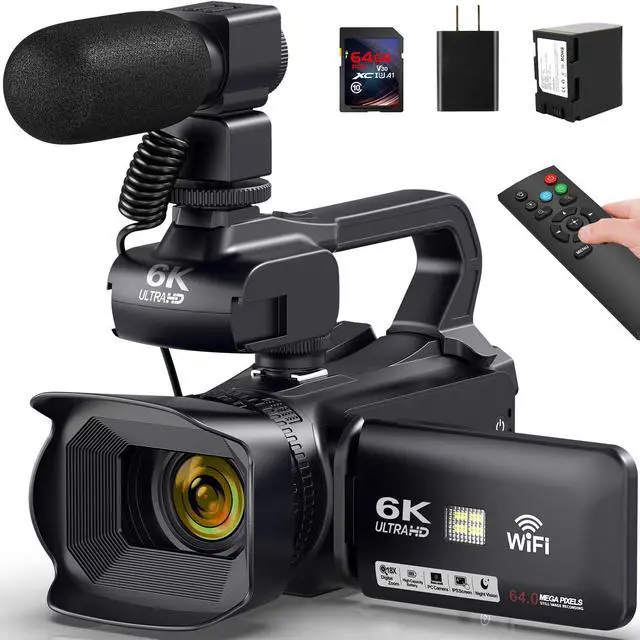 Main image of 6K Camcorder Video Camera 64MP IR Night Vision Vlogging Camera for YouTube 18X Digital Zoom 4.0" Touch Screen Video Recorder with WiFi, Mic, Charger, Stabilizer, Controller, Battery and 64GB SD Card