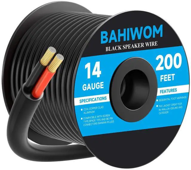 Main image of 14 Gauge Speaker Wire 200 Feet CL3 Related CCA Black Cable with 2 Conductors for Outdoor Direct Burial Backyard Garden Home Car in-Wall Speaker