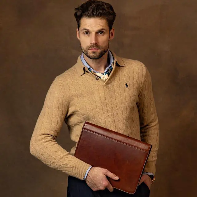 Alt view image 2 of 4 - Leather Portfolio - A4 Document Folder - Italian Handcrafted Padfolio Organizer (Cognac Brown) - Gift Box Included