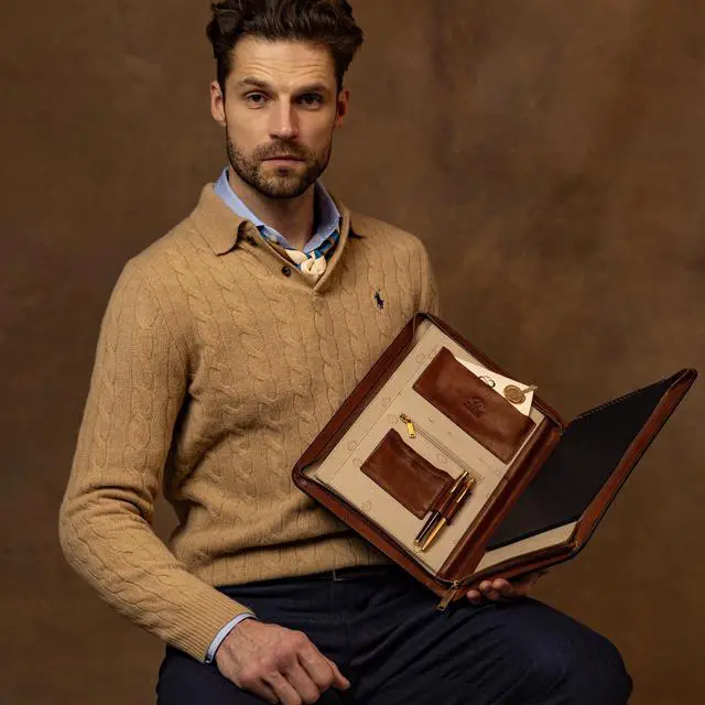 Alt view image 3 of 4 - Leather Portfolio - A4 Document Folder - Italian Handcrafted Padfolio Organizer (Cognac Brown) - Gift Box Included